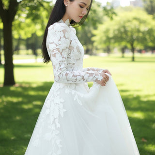Long Puffy Sleeve Wedding Dress with O Neckline - Rosymae