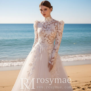 Long Puffy Sleeve Wedding Dress with O Neckline - Rosymae