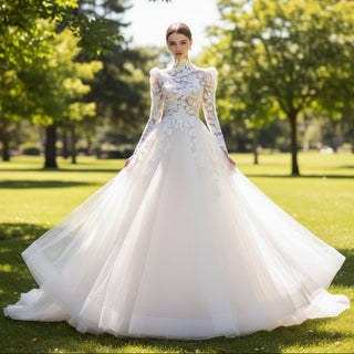 Long Puffy Sleeve Wedding Dress with O Neckline - Rosymae