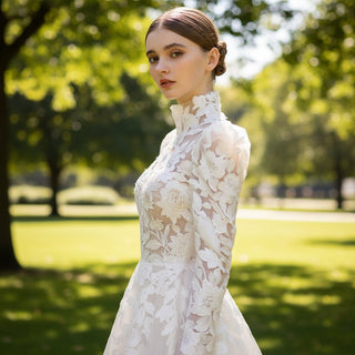 Long Puffy Sleeve Wedding Dress with O Neckline - Rosymae