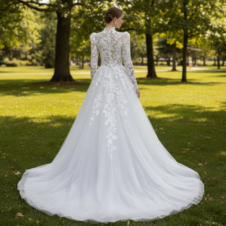 Long Puffy Sleeve Wedding Dress with O Neckline - Rosymae