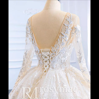 Long Sheer Sleeve Scoop Neck Wedding Dress with Floral Lace - Rosymae