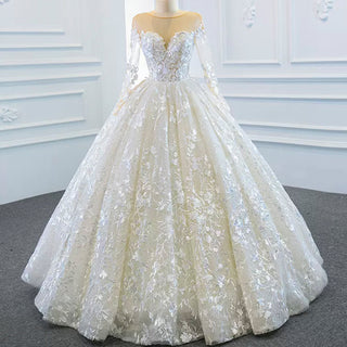 Long Sheer Sleeve Scoop Neck Wedding Dress with Floral Lace - Rosymae