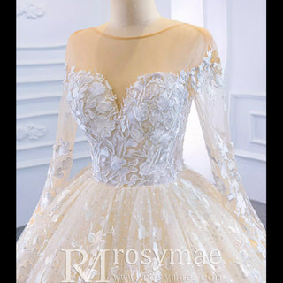 Long Sheer Sleeve Scoop Neck Wedding Dress with Floral Lace - Rosymae