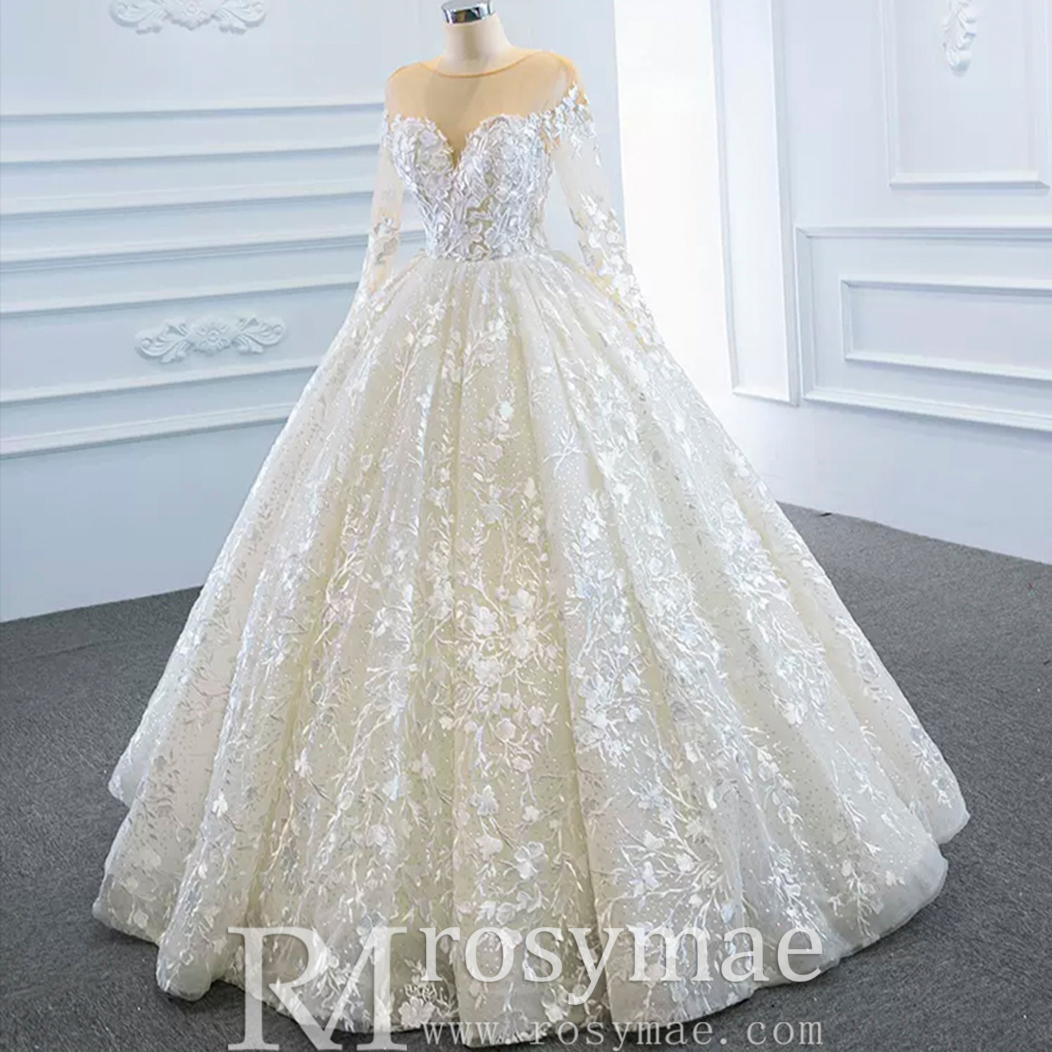 Long Sheer Sleeve Scoop Neck Wedding Dress with Floral Lace - Rosymae