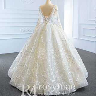 Long Sheer Sleeve Scoop Neck Wedding Dress with Floral Lace - Rosymae