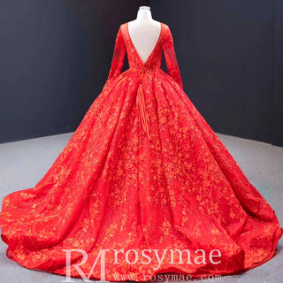 Long Sheer Sleeve Scoop Neck Wedding Dress with Floral Lace - Rosymae