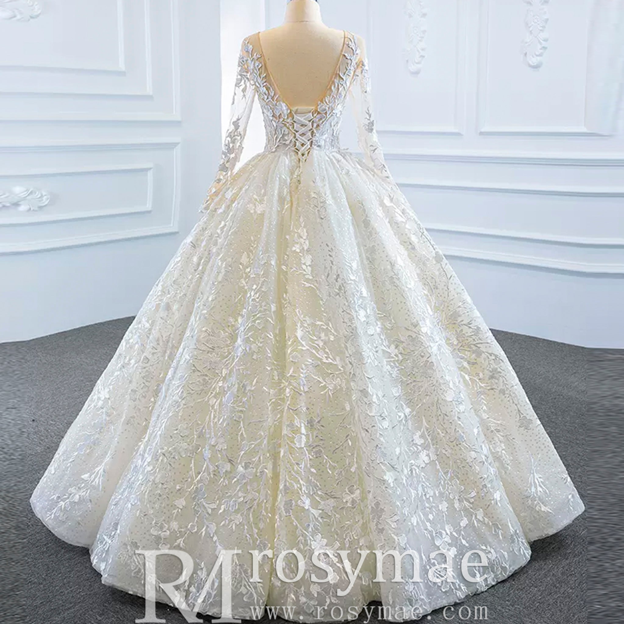 Long Sheer Sleeve Scoop Neck Wedding Dress with Floral Lace - Rosymae