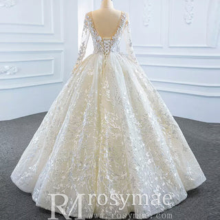Long Sheer Sleeve Scoop Neck Wedding Dress with Floral Lace - Rosymae