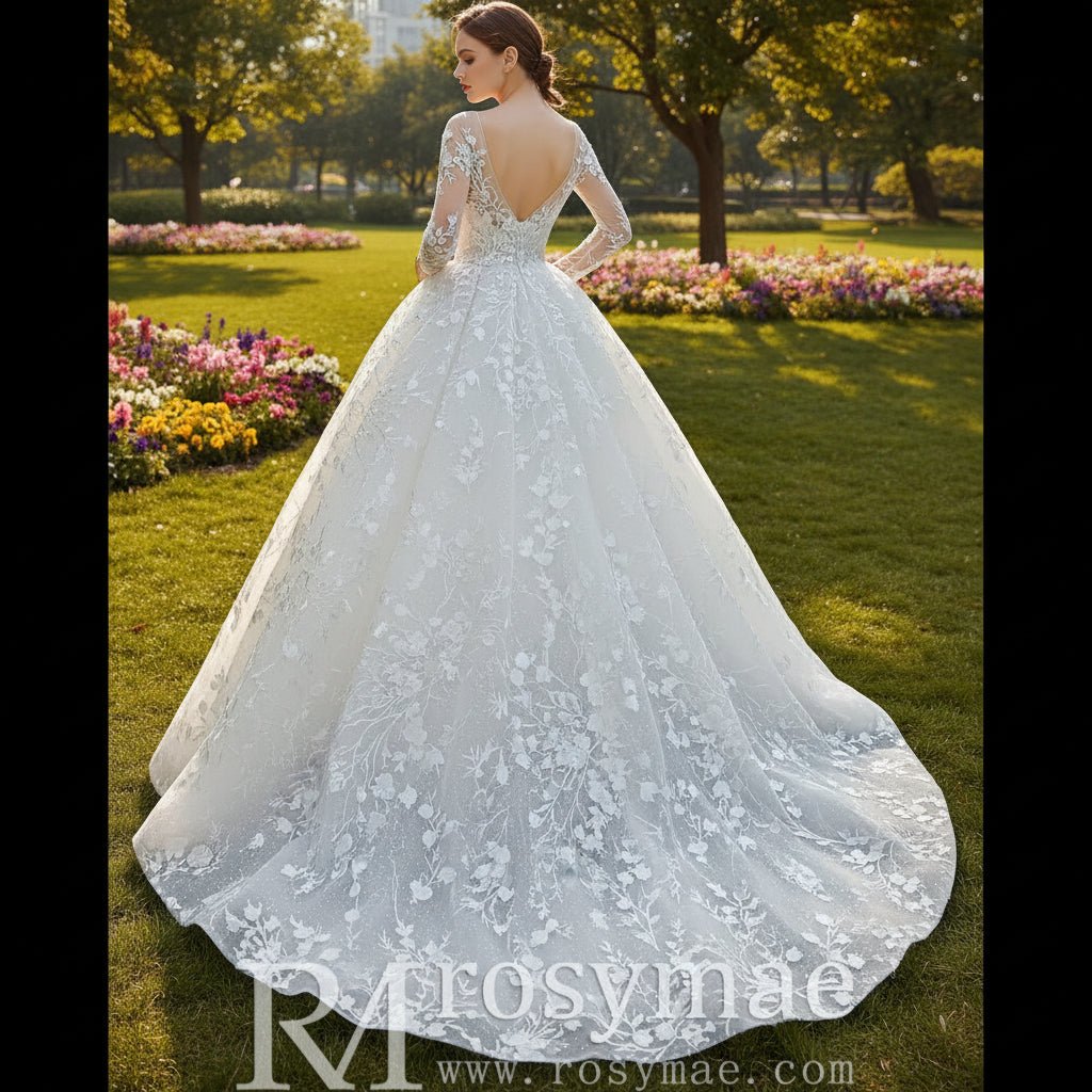 Long Sheer Sleeve Scoop Neck Wedding Dress with Floral Lace - Rosymae