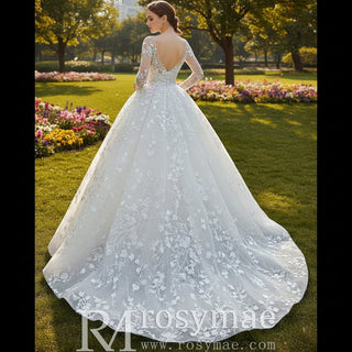 Long Sheer Sleeve Scoop Neck Wedding Dress with Floral Lace - Rosymae