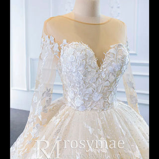 Long Sheer Sleeve Scoop Neck Wedding Dress with Floral Lace - Rosymae