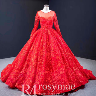 Long Sheer Sleeve Scoop Neck Wedding Dress with Floral Lace - Rosymae
