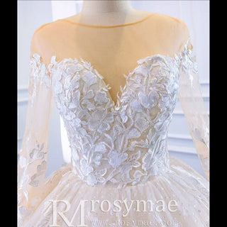Long Sheer Sleeve Scoop Neck Wedding Dress with Floral Lace - Rosymae