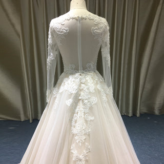 Light Champagne A-line Wedding Dress with Sheer Long Sleeve