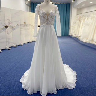 Long Sleeve Chiffon and Lace A-line Wedding Dress with Vneck