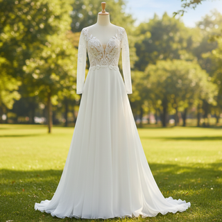 Vestido de novia evasé de encaje y gasa de manga larga con escote en pico