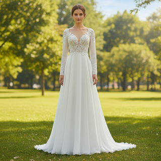 Long Sleeve Chiffon and Lace A-line Wedding Dress with Vneck