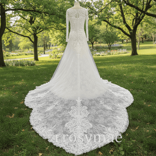 Long Sleeve A-line Lace Wedding Dress for Timeless Elegance Bride - Rosymae