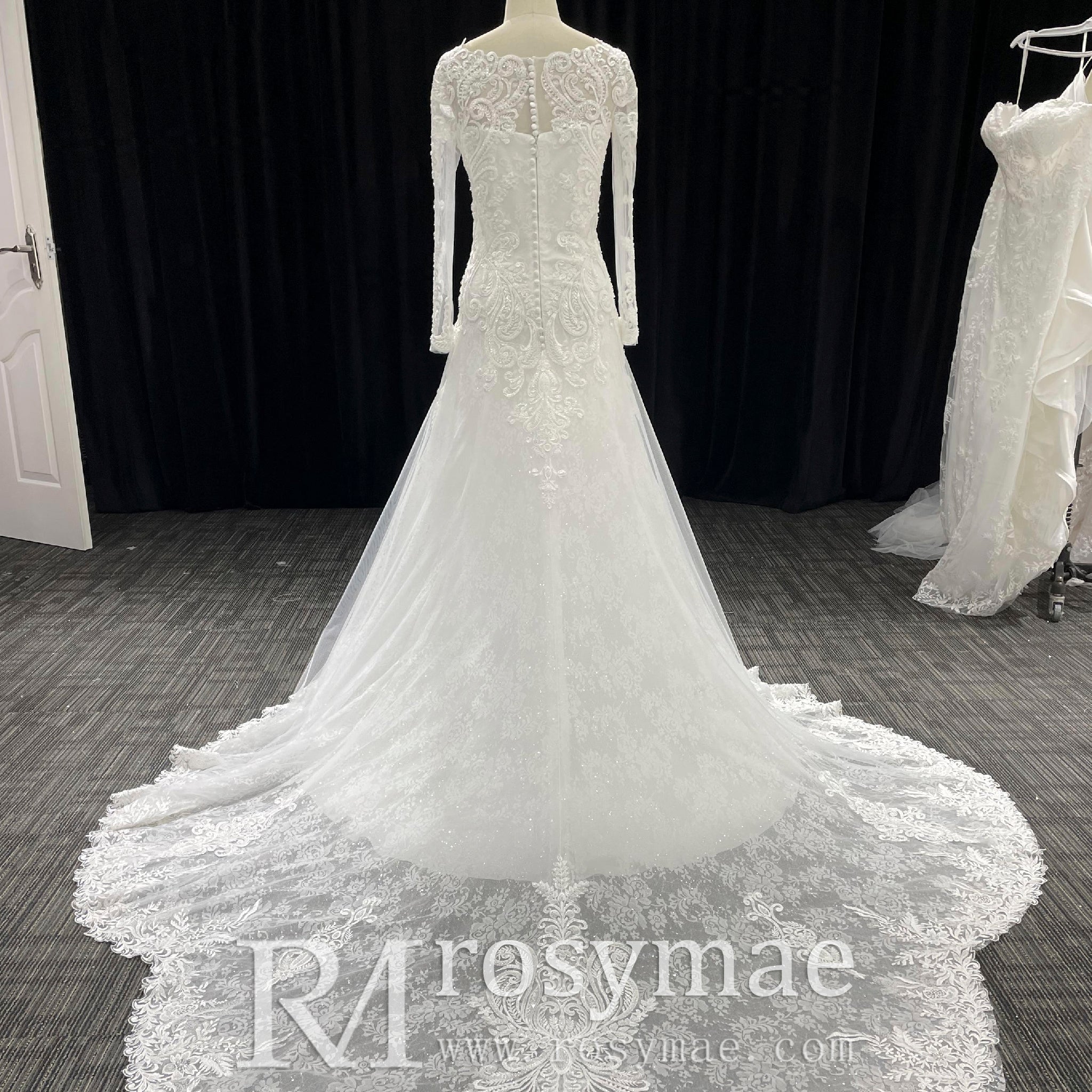 Long Sleeve A-line Lace Wedding Dress for Timeless Elegance Bride - Rosymae