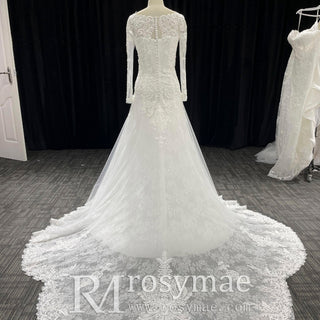 Long Sleeve A-line Lace Wedding Dress for Timeless Elegance Bride - Rosymae