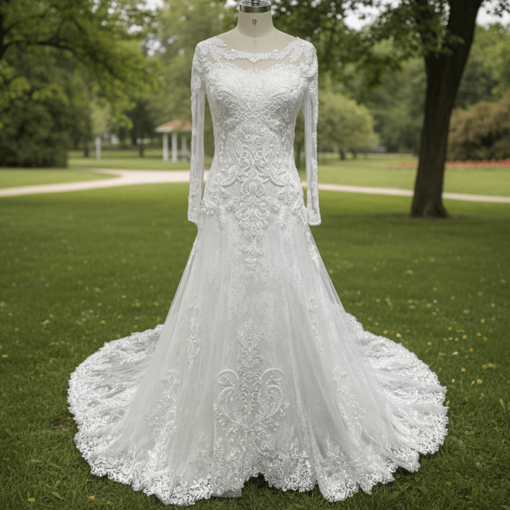 Long Sleeve A-line Lace Wedding Dress for Timeless Elegance Bride - Rosymae