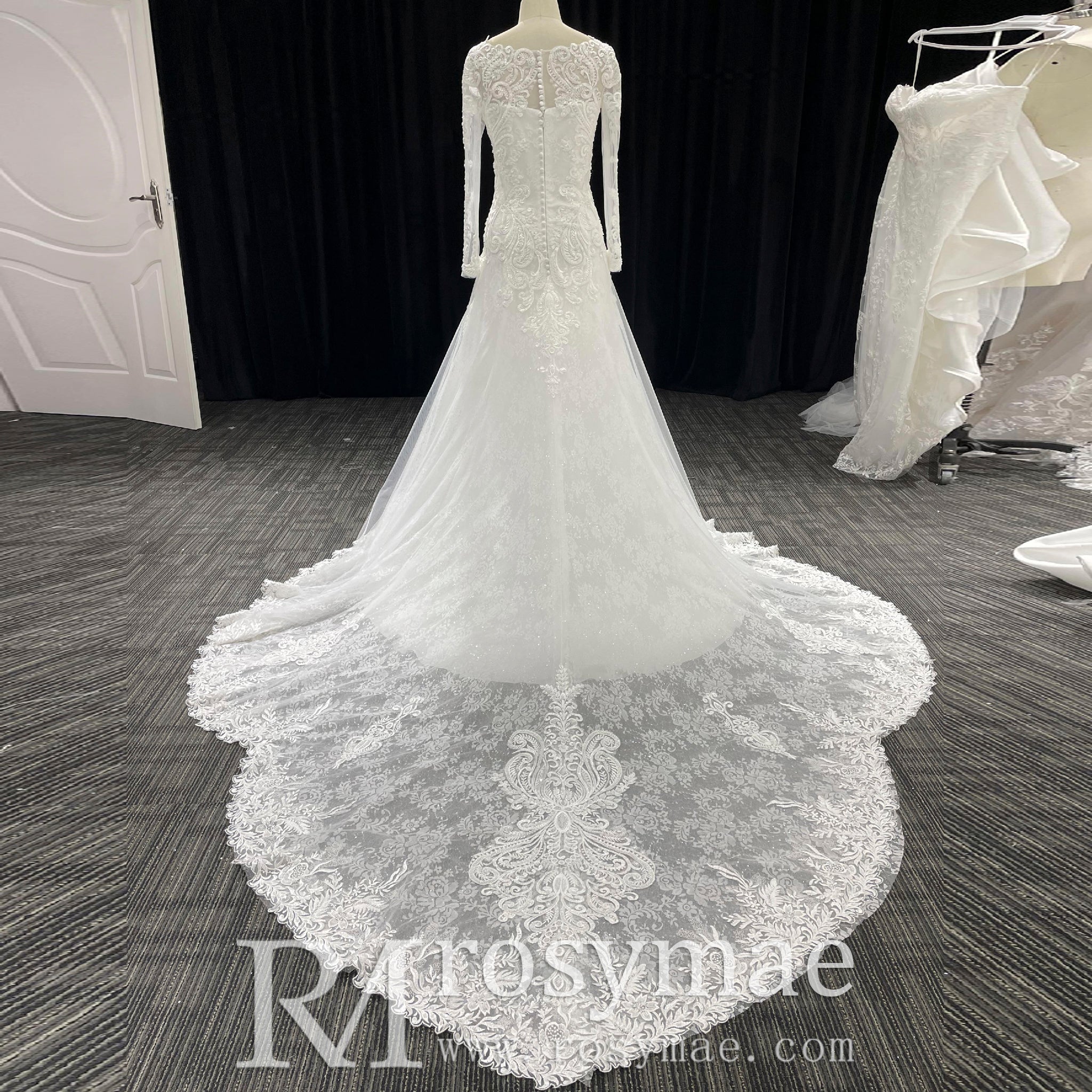 Long Sleeve A-line Lace Wedding Dress for Timeless Elegance Bride - Rosymae