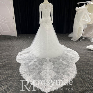 Long Sleeve A-line Lace Wedding Dress for Timeless Elegance Bride - Rosymae