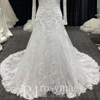 Long Sleeve A-line Lace Wedding Dress for Timeless Elegance Bride - Rosymae