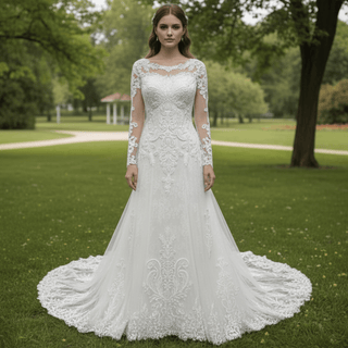 Long Sleeve A-line Lace Wedding Dress for Timeless Elegance Bride - Rosymae