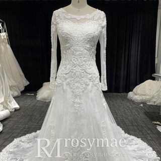 Long Sleeve A-line Lace Wedding Dress for Timeless Elegance Bride - Rosymae