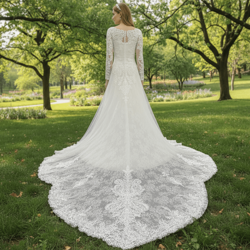Long Sleeve A-line Lace Wedding Dress for Timeless Elegance Bride - Rosymae