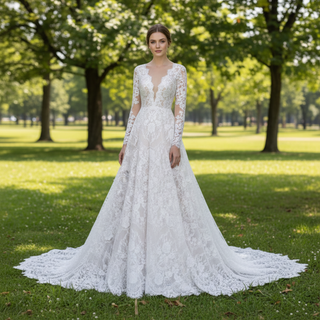 Long Sleeve Double V Lace A-line Bridal Gown Wedding Dress