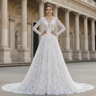 Long Sleeve Double V Lace A-line Bridal Gown Wedding Dress