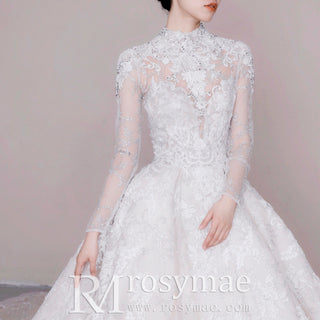 Vintage High Neck Lace Wedding Dress with Long Sleeve