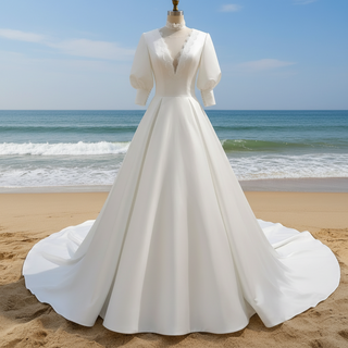 Elegant A-line Satin Vintage Wedding Dress with Long Lantern Sleeve