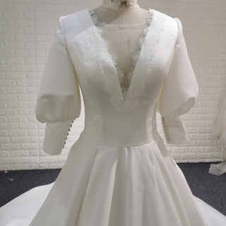 Elegant A-line Satin Wedding Dress with Long Lantern Sleeve