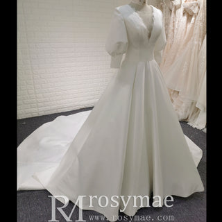 Elegant A-line Satin Wedding Dress with Long Lantern Sleeve