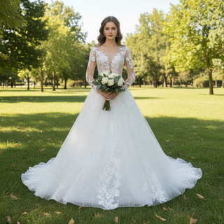Sheer Bodice Long Sleeve A-Line Wedding Dress with Sparkly Tulle