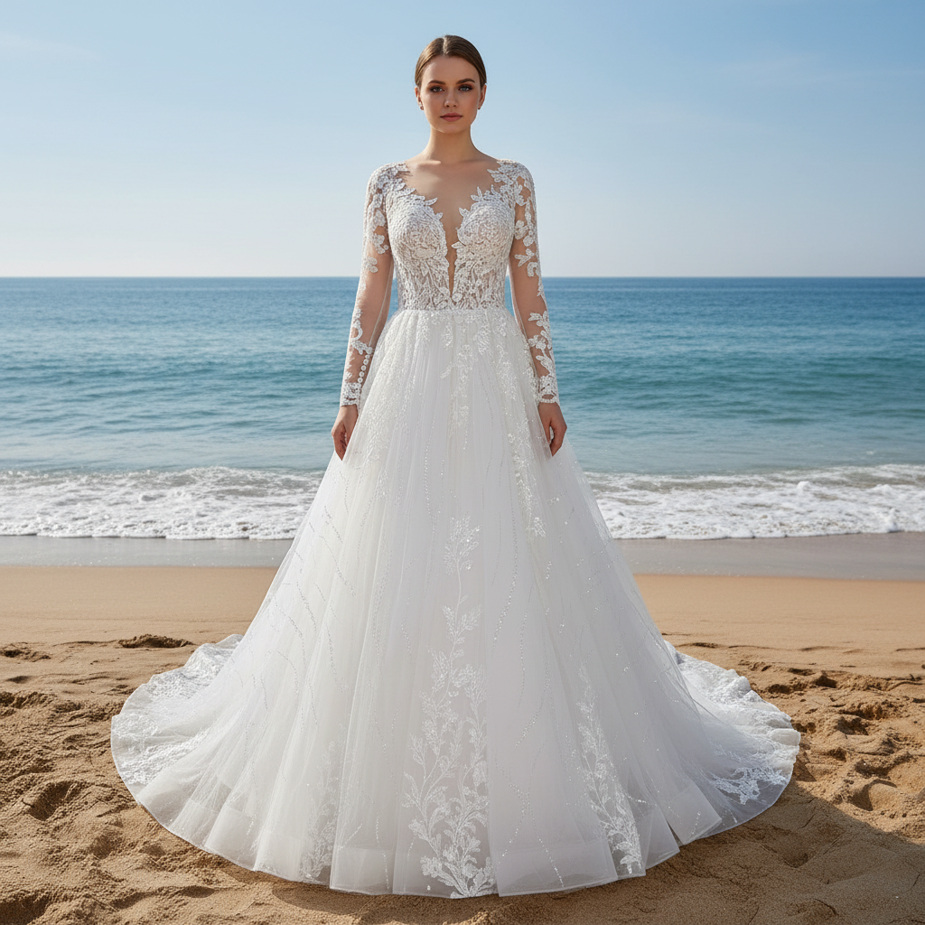 Sheer Bodice Long Sleeve A-Line Wedding Dress with Sparkly Tulle Sheer Bodice Long Sleeve A-Line Wedding Dress with Sparkly Tulle