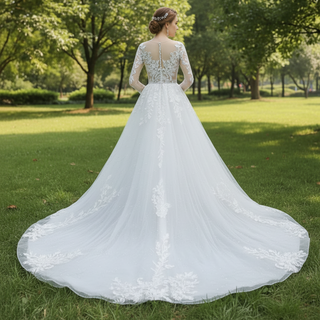Sheer Bodice Long Sleeve A-Line Wedding Dress with Sparkly Tulle