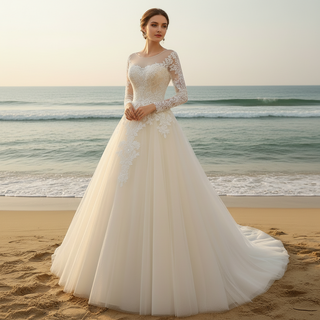 a line beach wedding dress with long sleeve