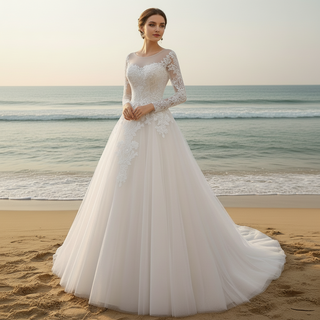 a line beach wedding dress with long sleeve