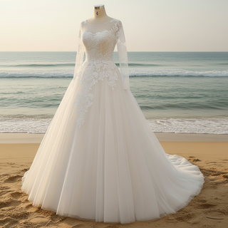 a line beach wedding dress with long sleeve