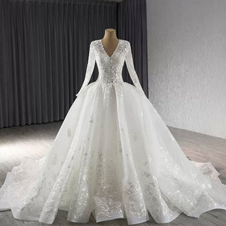 Long Sleeve Ball Gown Lace Tulle Wedding Dress with High Back - Rosymae