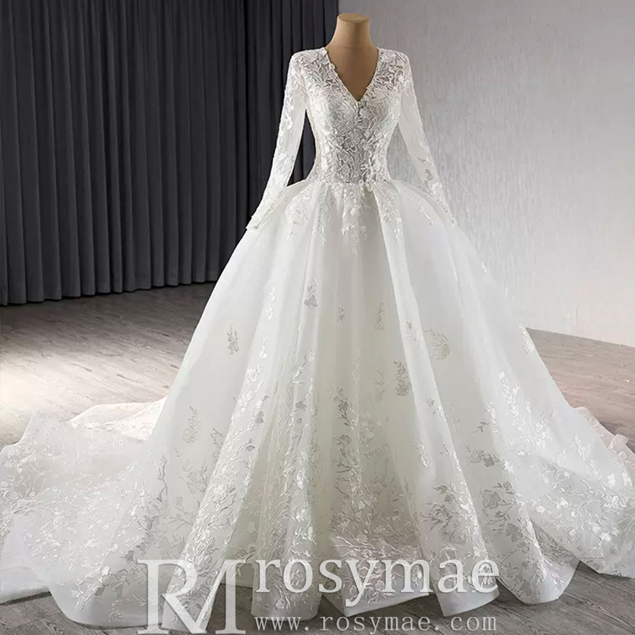 Long Sleeve Ball Gown Lace Tulle Wedding Dress with High Back - Rosymae