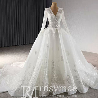 Long Sleeve Ball Gown Lace Tulle Wedding Dress with High Back - Rosymae