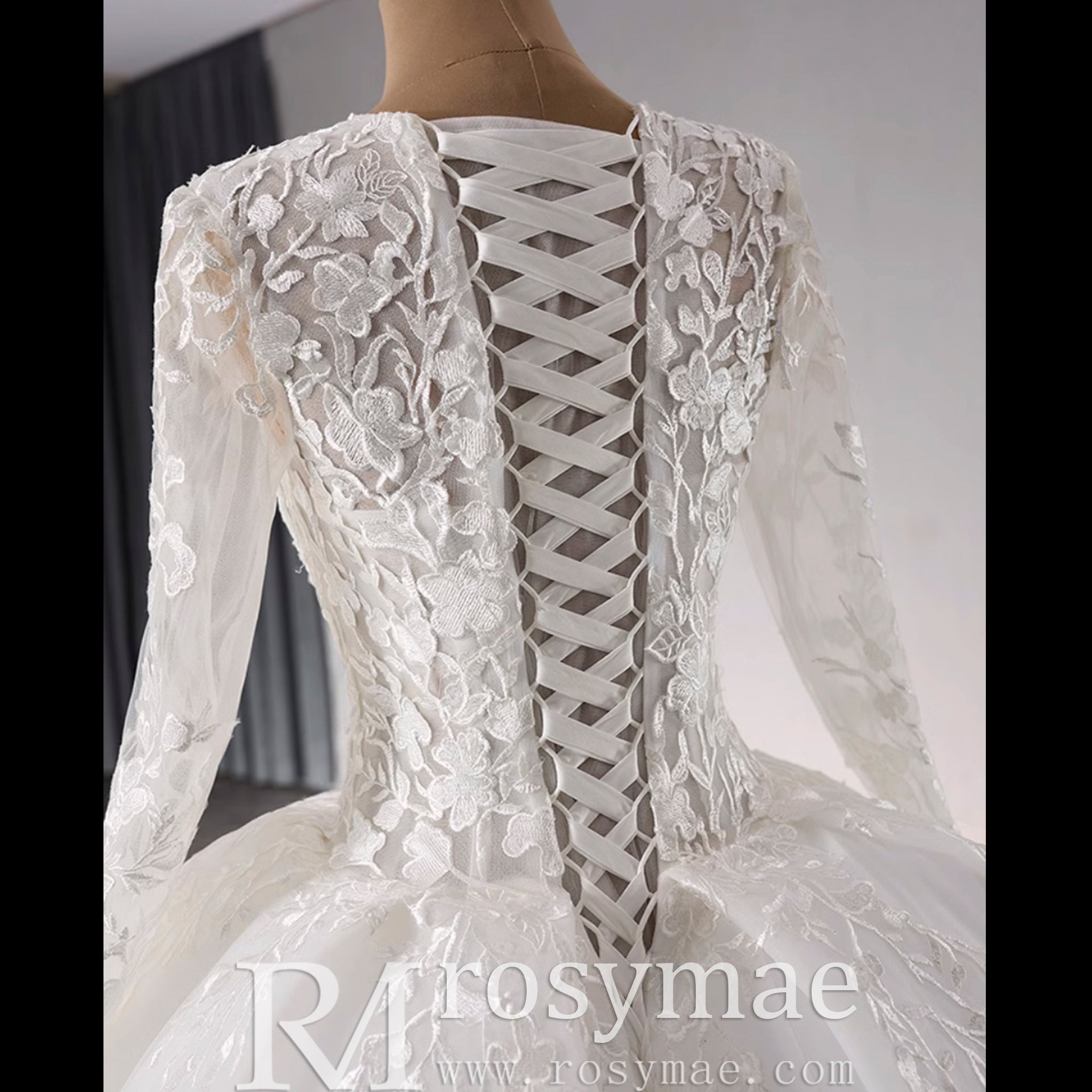 Long Sleeve Ball Gown Lace Tulle Wedding Dress with High Back - Rosymae
