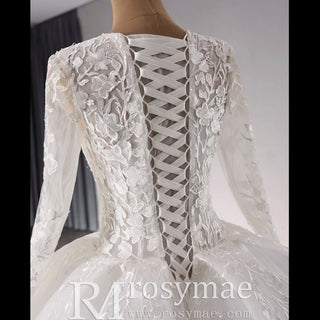 Long Sleeve Ball Gown Lace Tulle Wedding Dress with High Back - Rosymae