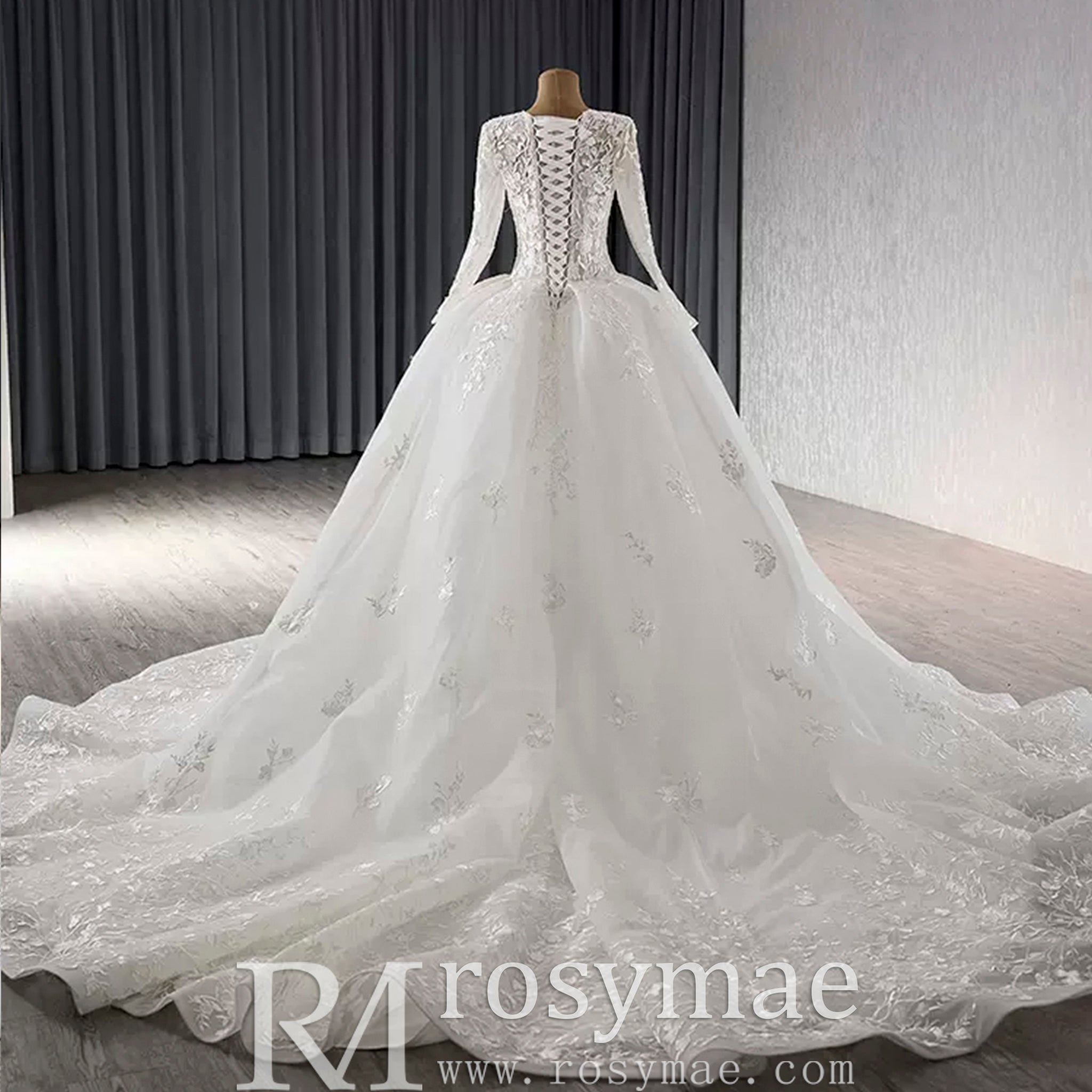 Long Sleeve Ball Gown Lace Tulle Wedding Dress with High Back - Rosymae